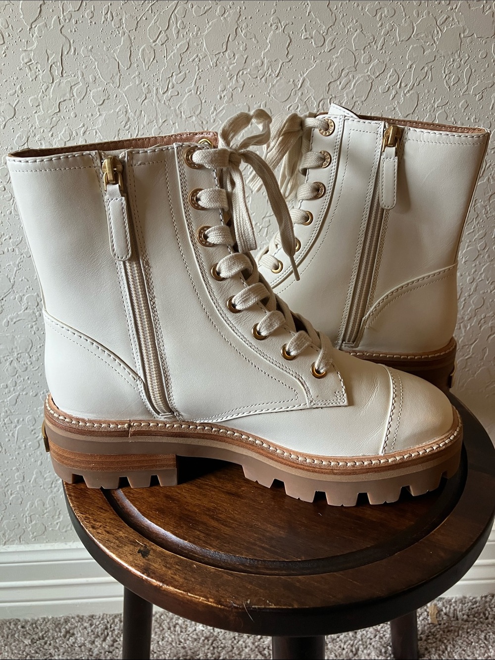 Kate Spade: Cream (Halo White) Merritt Lug Sole Combat Boot- Zip- 7.5